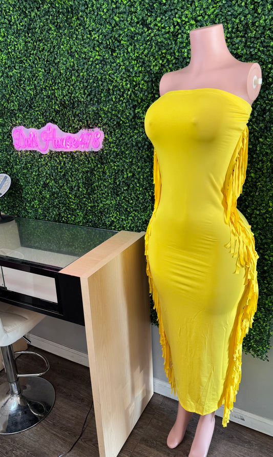 Yellow Strapless Fringe Dress